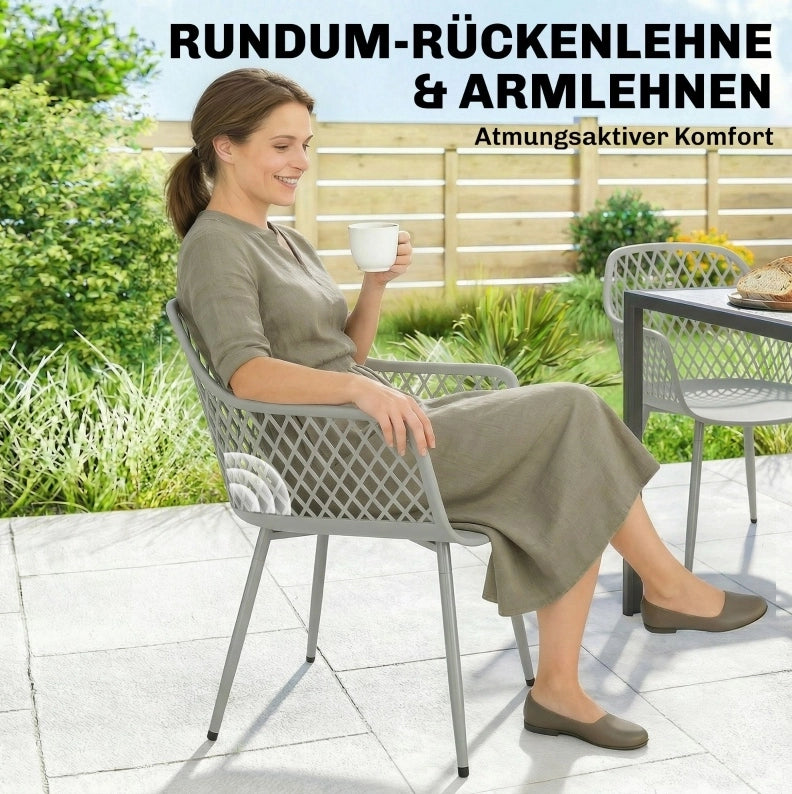 Set di 4 Sedie da Giardino in Plastica Resistente ai Raggi UV con Braccioli e Schienale, Grigio, 56 x 51 x 84 cm
