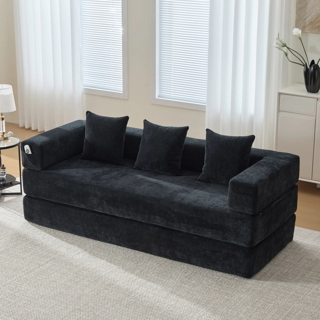 Divano modulare in ciniglia nero 198x79x60 cm con tasche laterali e base antiscivolo