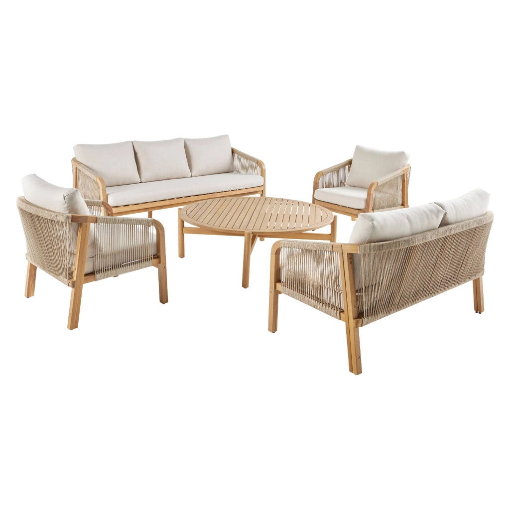 Salotto da giardino in legno di acacia e corde, 7 posti, beige
