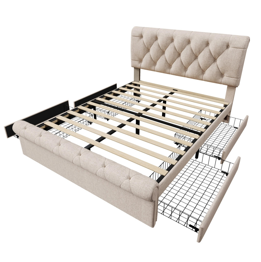 Letto matrimoniale 140x200 cm con 4 cassetti e testiera regolabile; naturale