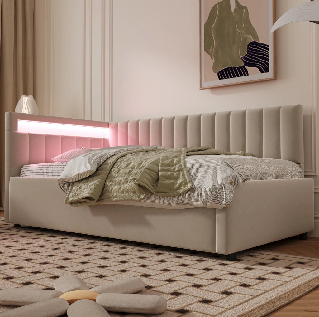 Letto sofà imbottito 90x200 cm con LED, contenitore idraulico, rivestimento in velluto beige