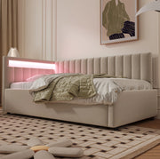 Letto sofà imbottito 90x200 cm con LED, contenitore idraulico, rivestimento in velluto beige