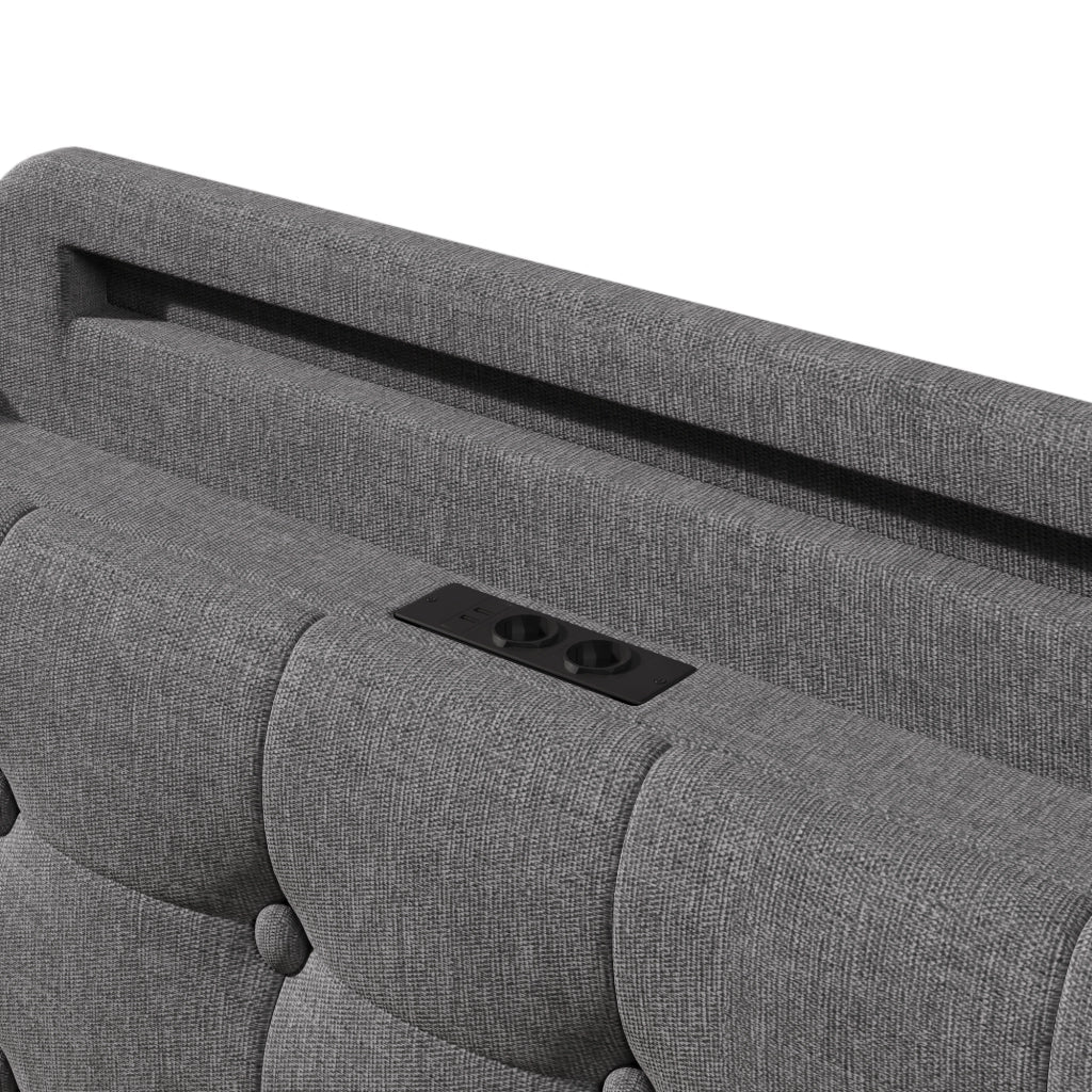 Letto contenitore 140 × 200 cm con LED USB e Type-C rivestito in lino grigio con vani laterali