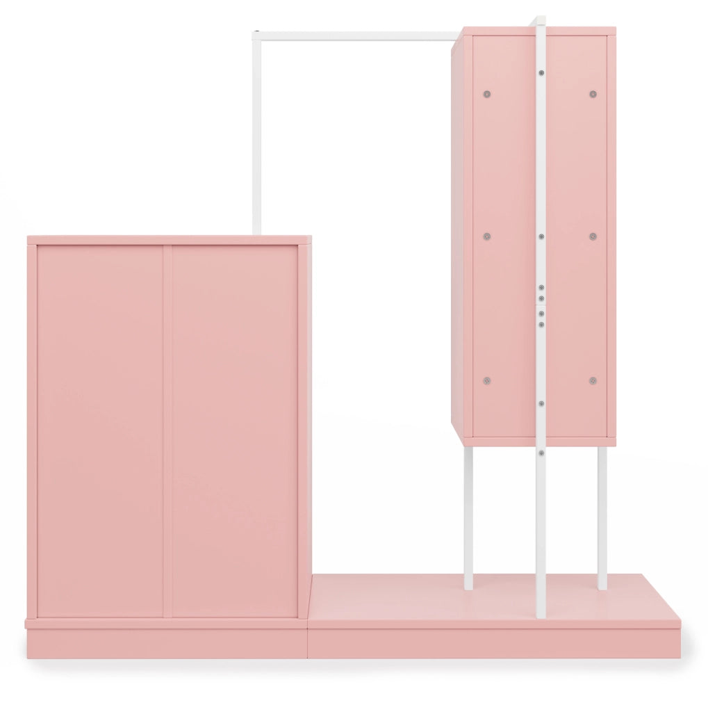 Mobile con 4 cassetti, scaffali aperti e barra appendiabiti, in rosa e bianco, 140x40x135 cm