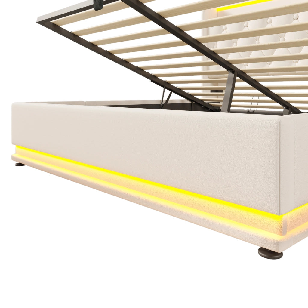 Letto matrimoniale 140 × 190 cm con contenitore idraulico; LED; USB e Type-C; senza materasso; in PU bianco
