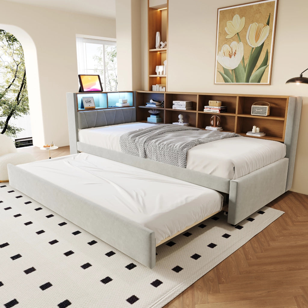 Letto con letto estraibile 90 × 200 cm con LED USB Type-C presa e vani portaoggetti in flanella grigio chiaro