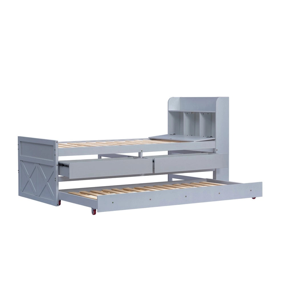 Letto Singolo con Rete a Doghe Cassetto e Comodino ¨C Minimal ¨C Grigio Legno Pino Massello 90x190cm
