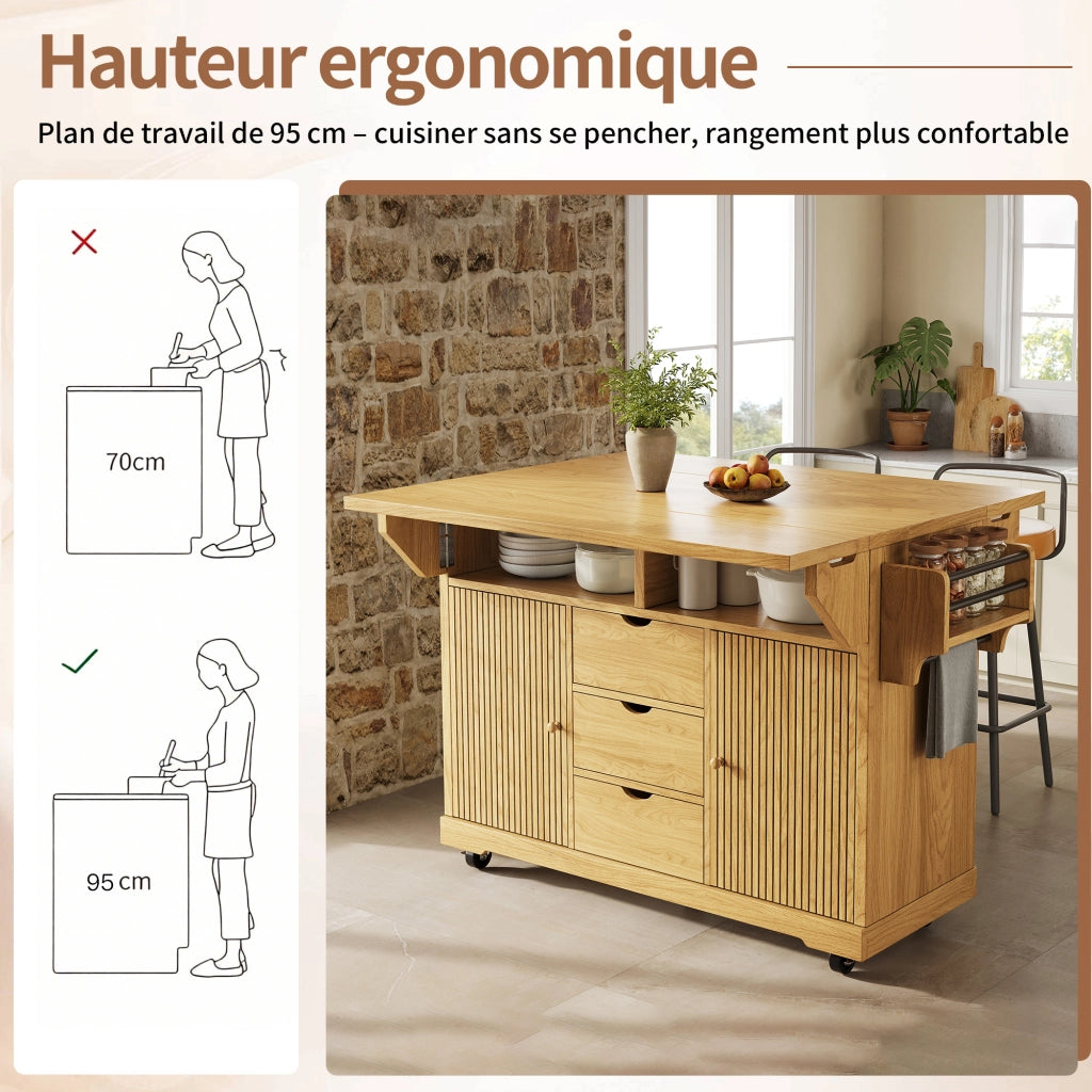 Carrello da cucina con piani laterali pieghevoli 3 cassetti ripiani regolabili in MDF con ruote bloccabili marrone