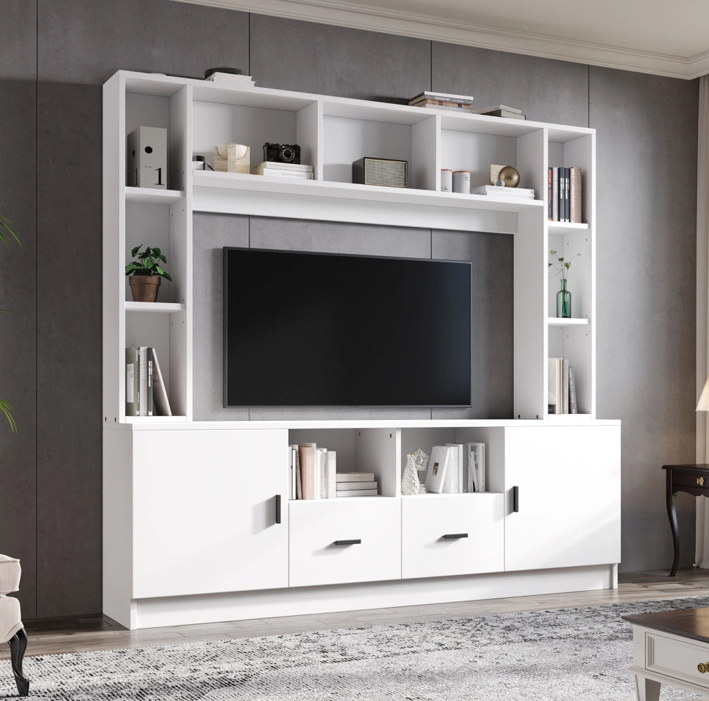 Mobile TV bianco con 2 armadi, 2 cassetti e 11 vani