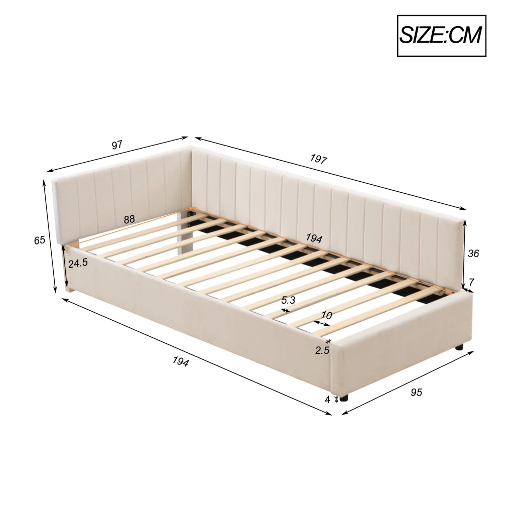 Divano letto 90 × 200 cm con rete a doghe rivestito in velluto beige struttura imbottita portata fino a 120 kg