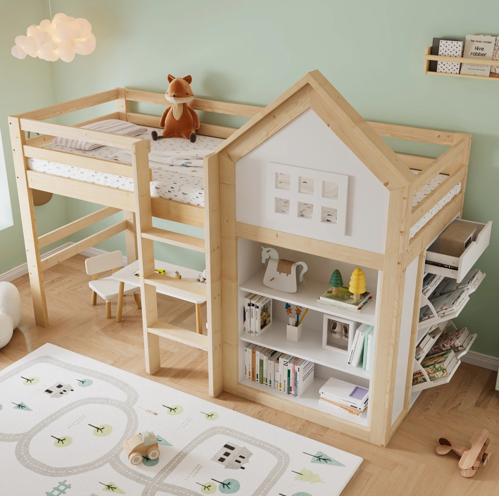 Letto a soppalco per bambini con cassetti e vani 90 x 200 cm