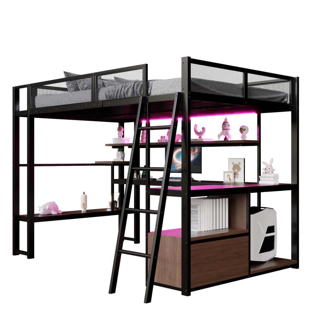 Letto a Soppalco 140x200 cm con Scrivania; LED; Contenitore; Scala e Sponde; Nero