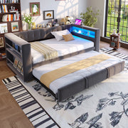 Letto estraibile 90 x 190 cm, divano letto con illuminazione LED, porte USB, tessuto flanella grigio scuro, rete a doghe inclusa