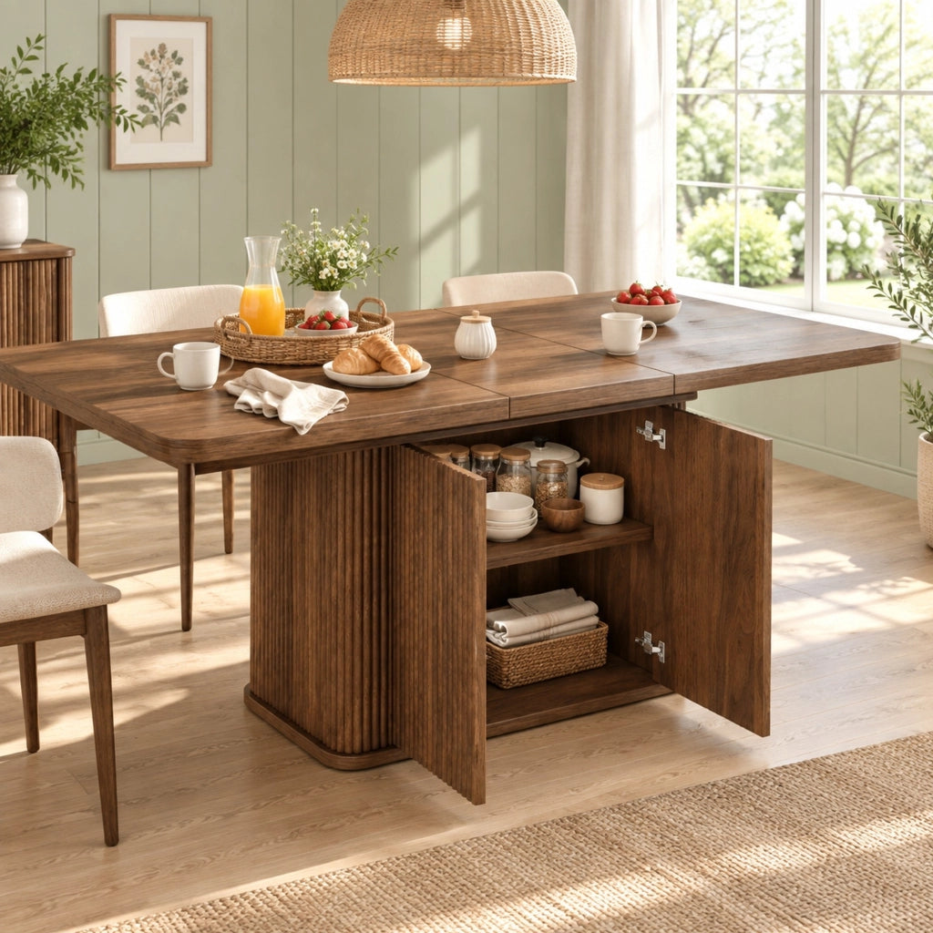 Tavolo da pranzo estensibile da 140 a 180 cm con vano contenitore in MDF e metallo marrone