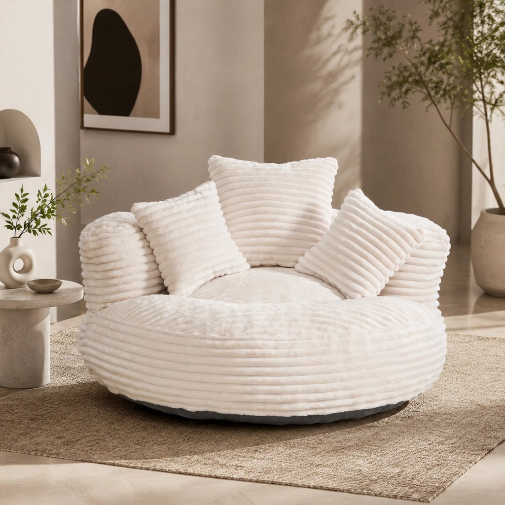 Poltrona sacco in velluto a coste con schienale alto e braccioli; beige; 108x108x52 cm