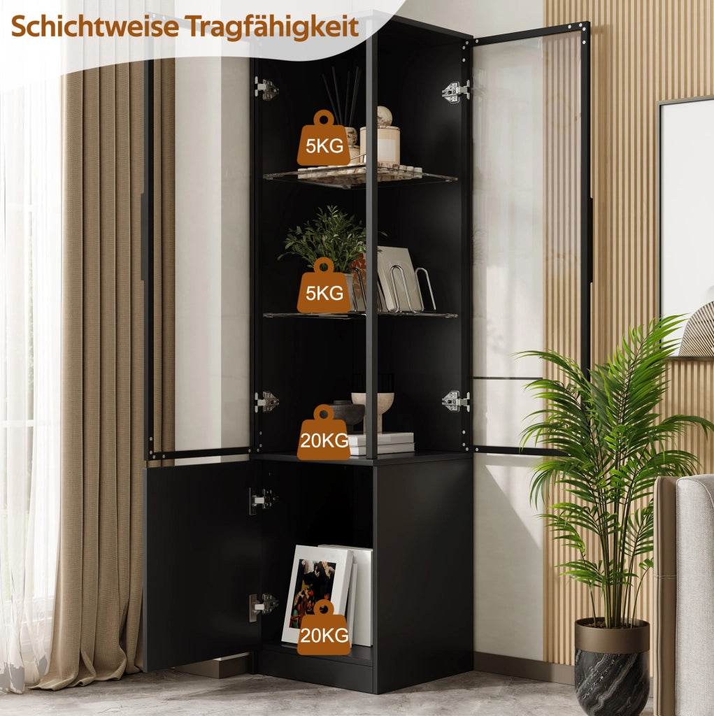 Vetrina ad angolo YEAVIO con ante in vetro temperato, LED integrati con controllo app, struttura in pannelli di particelle 40x40x160 cm, colore nero