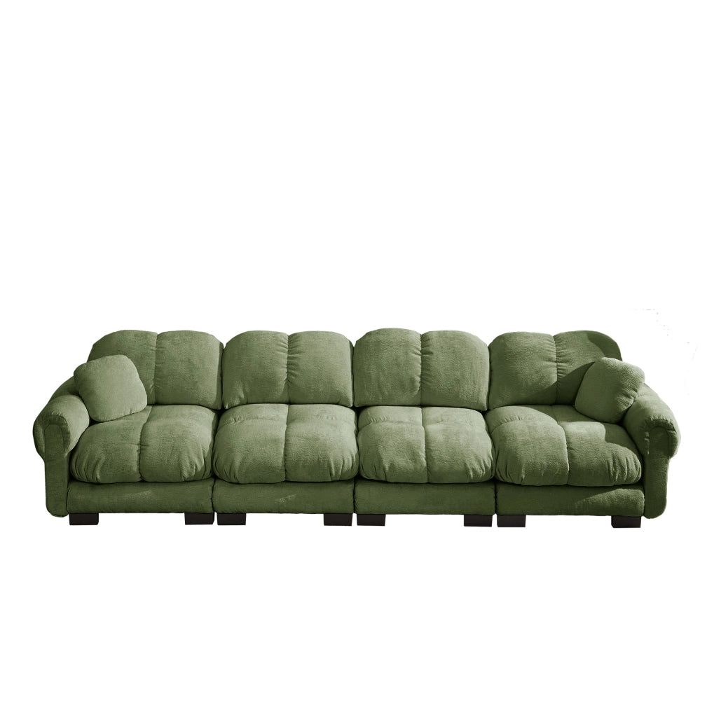 Divano modulare 330x86x90 cm in ciniglia verde con cuscini spessi