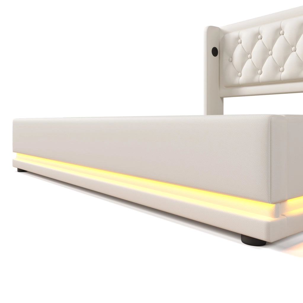 Letto matrimoniale ULEVR 180x200 cm con contenitore idraulico, LED a 3 lati, USB e Type-C, PU bianco