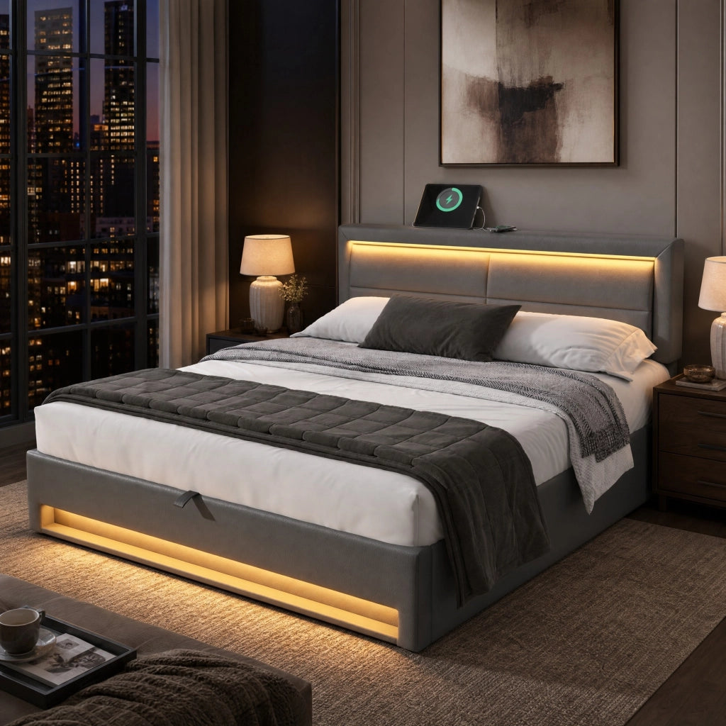 Letto imbottito 140 × 190 cm con ricarica USB e wireless LED telecomandato vano contenitore in PU grigio