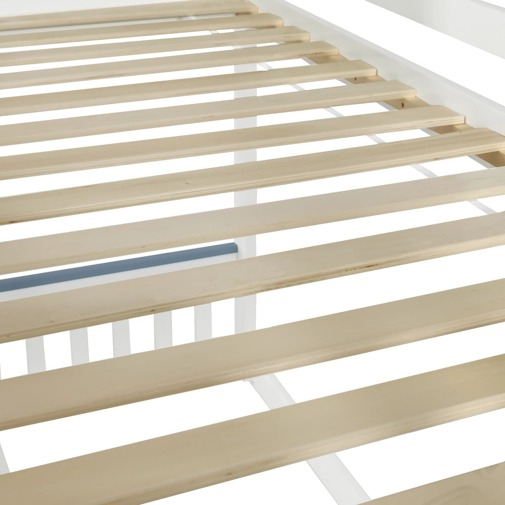 Letto a soppalco 90 × 200 cm con scala contenitore a tre gradini; rete a doghe e barriere; legno bianco e blu