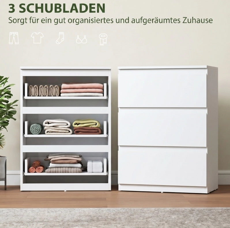 Comò bianco con 3 cassetti senza maniglie, mobile moderno per camera da letto 75x55x34 cm