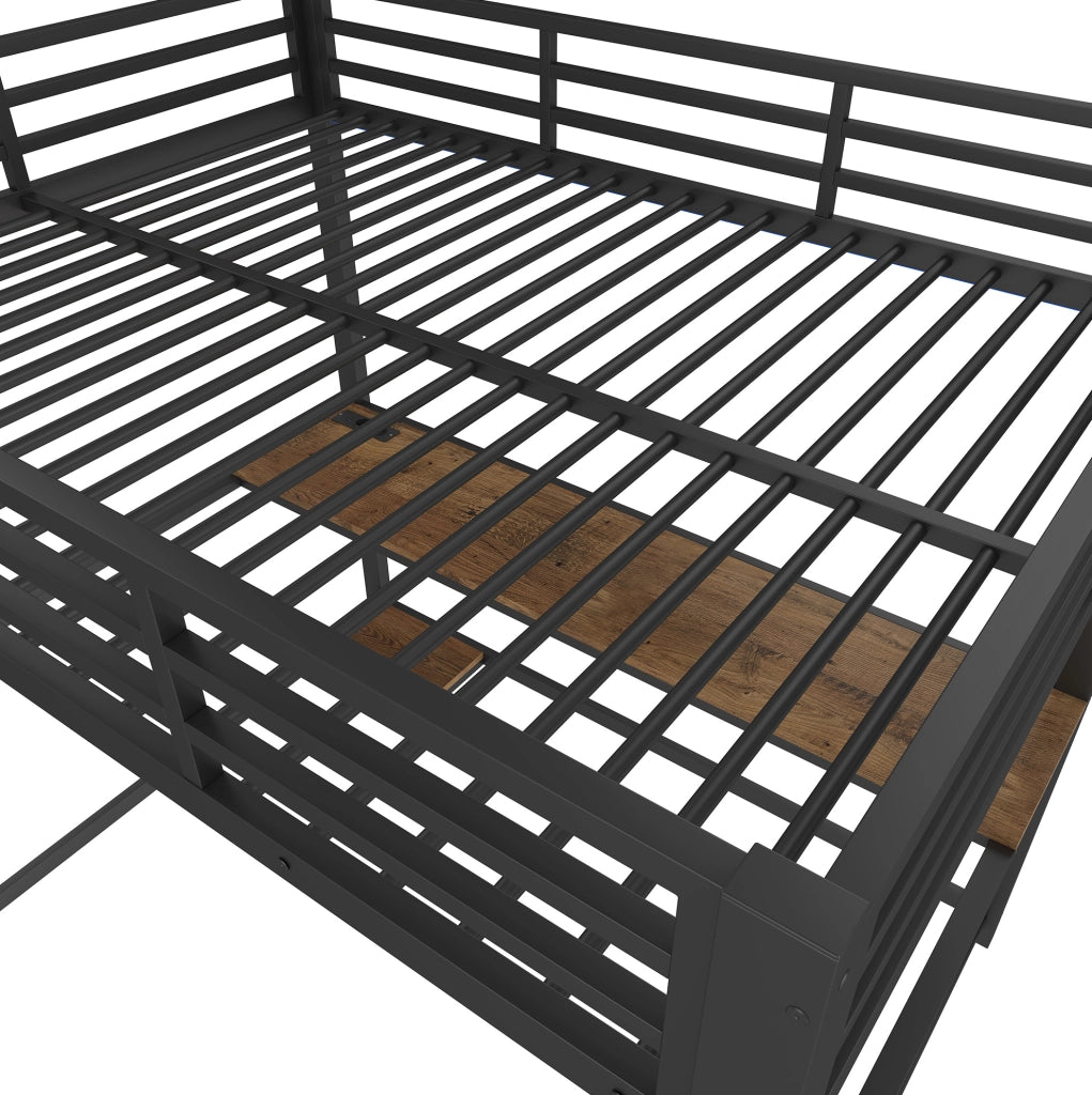 Letto a soppalco 140x200 cm con struttura in ferro, mensola computer, scrivania, LED, prese e USB, scala e ringhiera, nero, senza materasso