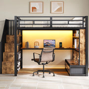 Letto a soppalco in metallo 140x200 cm con scrivania, scaffali, due cassetti integrati e scala con contenitore, colore nero