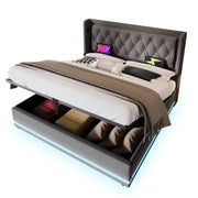 Letto matrimoniale contenitore 140 × 200 cm in cotone grigio con materasso LED USB e USB Type-C