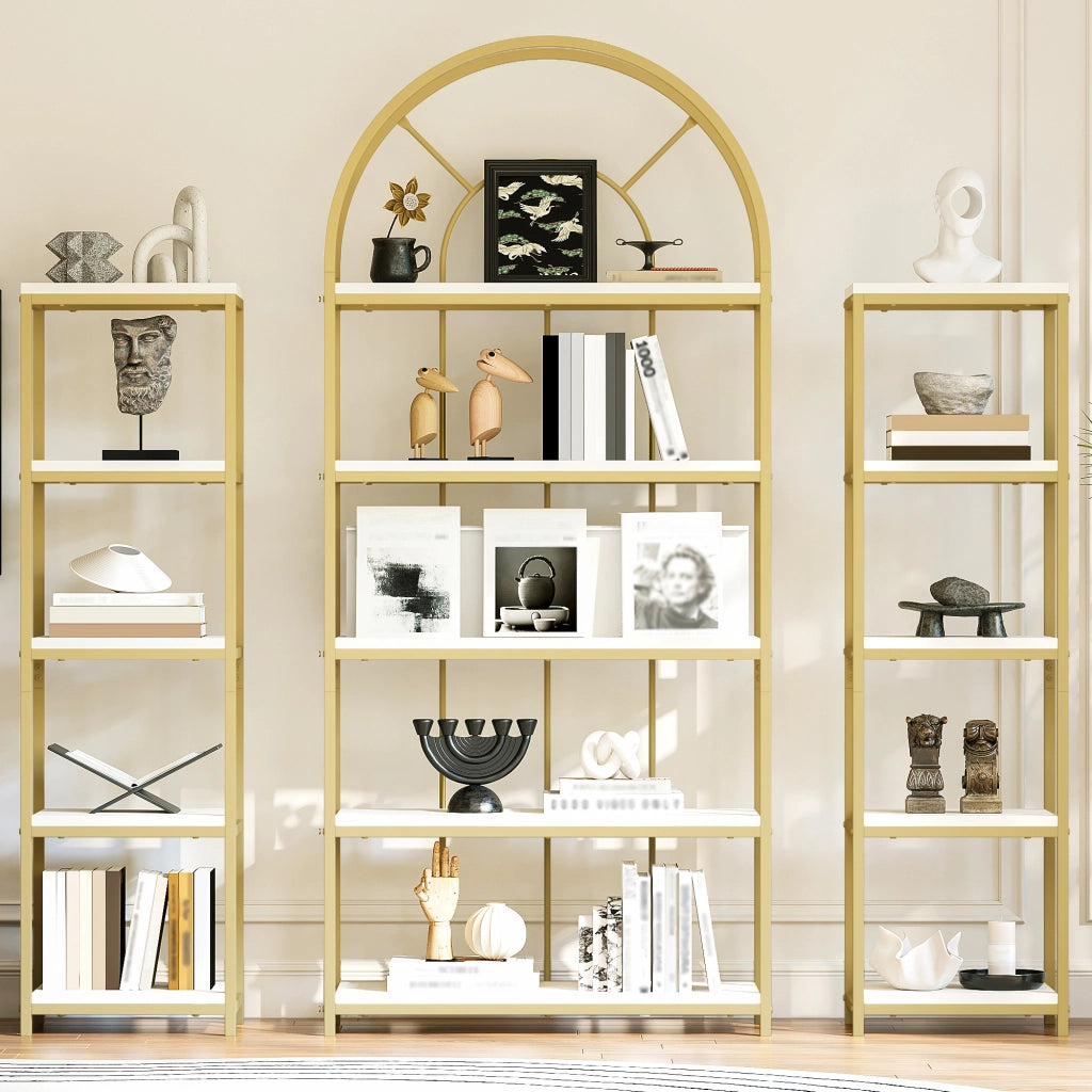 Libreria modulare a 3 elementi con ripiani in MDF e struttura in acciaio dorato, bianca, 163 × 30 × 184 cm