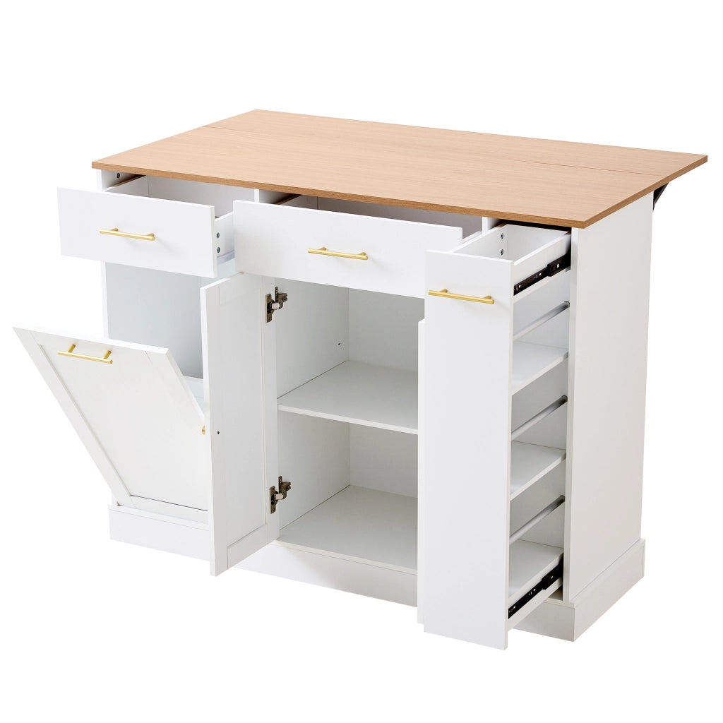 Mobile contenitore da cucina con piano pieghevole, vano pattumiera, 2 cassetti e ripiano estraibile, bianco e naturale