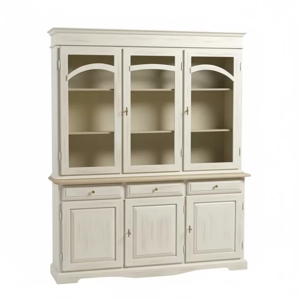 Cristalliera 3 ante legno shabby bianco anticato e tortora 156x42x205 - Mobili 2G