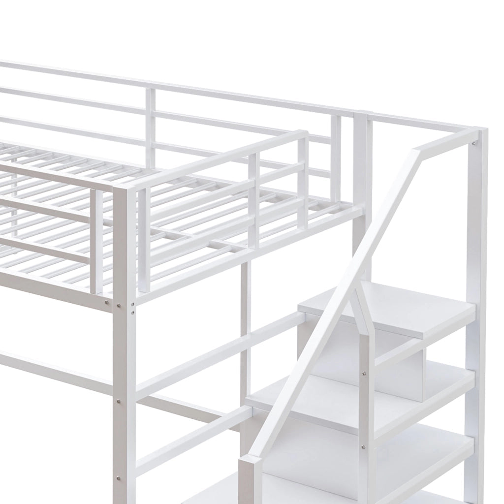 Letto a soppalco per bambini 140 × 200 cm 1 posto con mensole; scala contenitore e spazio gioco; senza materasso; bianco