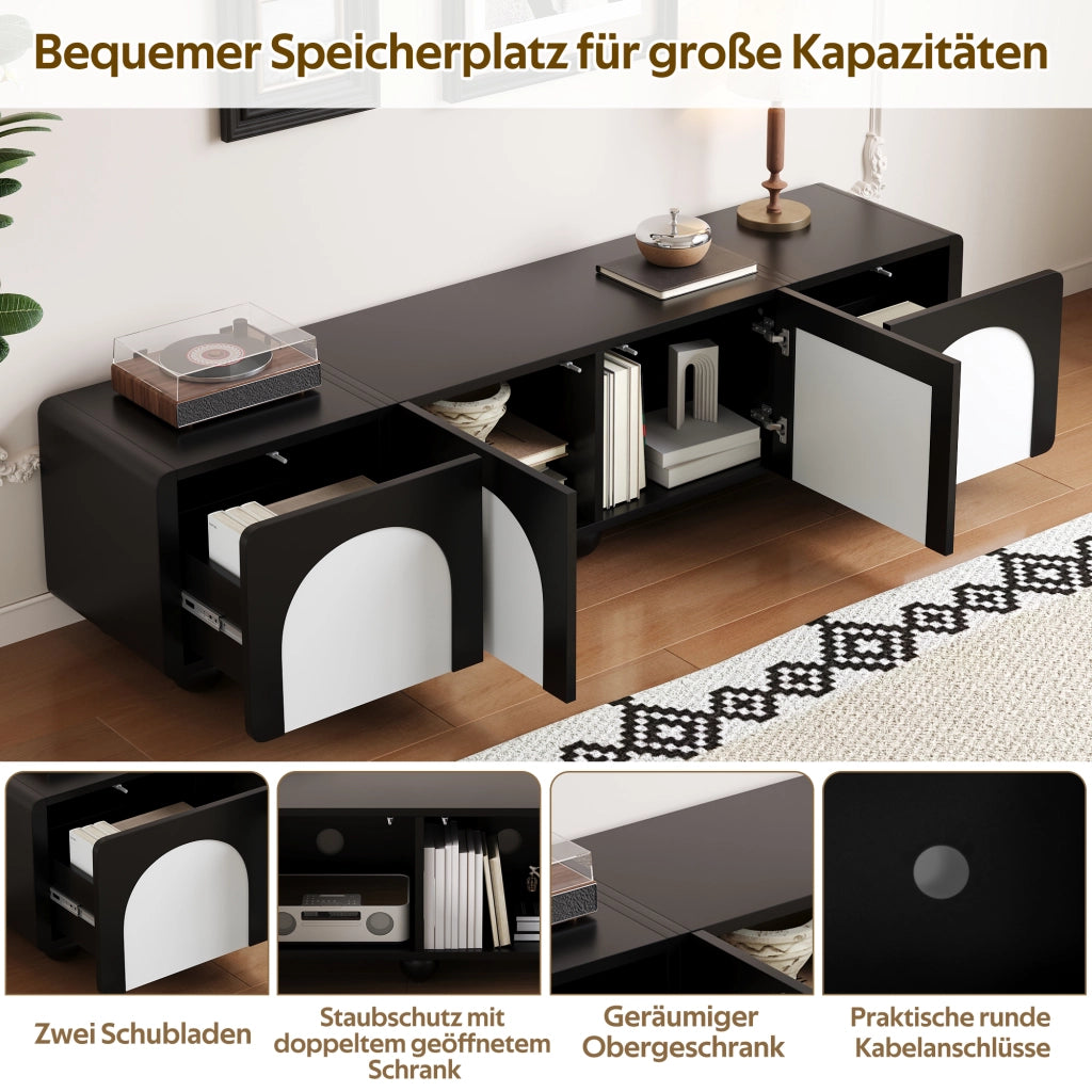 Mobile TV a profilo basso con due cassetti; due ante e passacavi in MDF e PB nero e bianco 180 × 38 × 45 cm