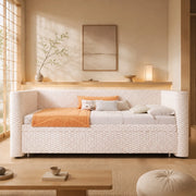 Letto estraibile 90x200 cm trasformabile in letto matrimoniale 180x200 cm in velluto beige con LED HOMVRA