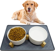 Ciotola per Cane in Ceramica con Doppio Fondo con Mattonella in Bamboo e Piastra Antiscivolo per Cani di Taglia Media (850ml, 2- Bianco)