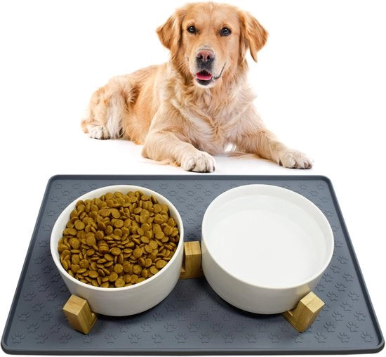 Ciotola per Cane in Ceramica con Doppio Fondo con Mattonella in Bamboo e Piastra Antiscivolo per Cani di Taglia Media (850ml, 2- Bianco)