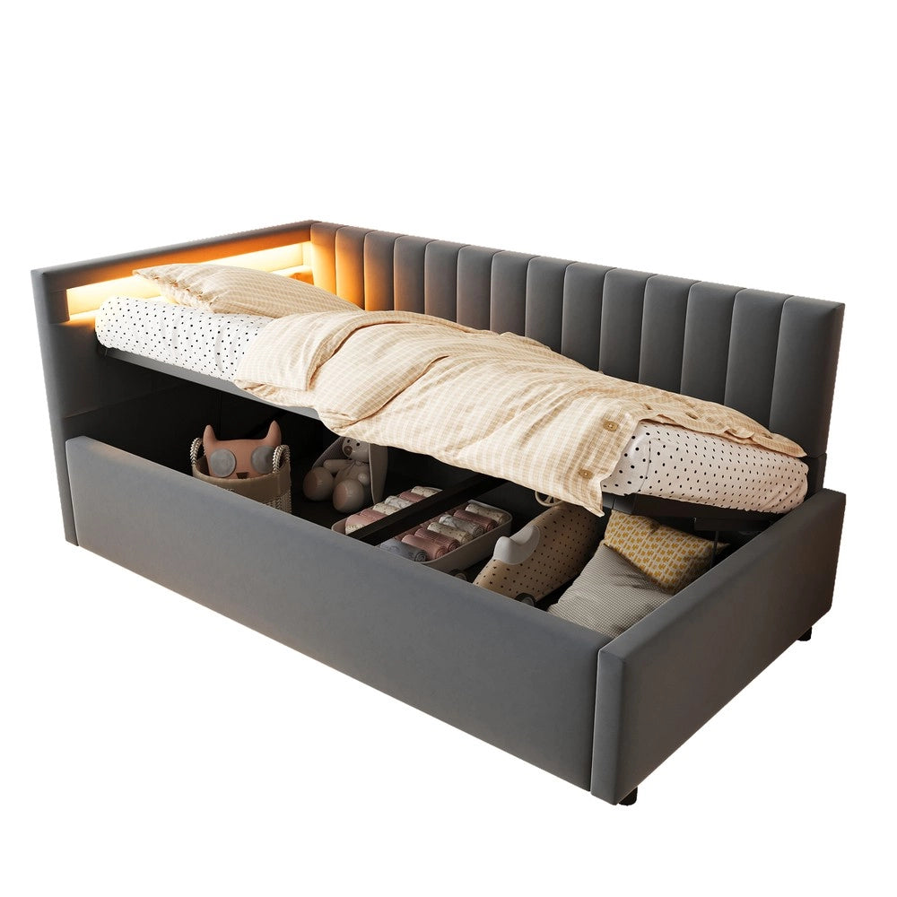 Letto Imbottito Contenitore con LED ¨C Xylo ¨C Velluto Grigio, Testiera, Rete a Doghe, 90x200