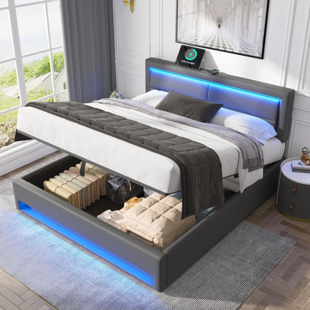 Letto imbottito 140x190 cm USB e LED con contenitore PU grigio (Senza materasso)