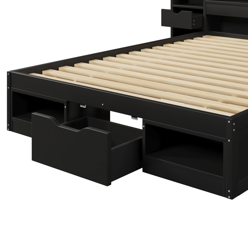 Letto con cassetti 140 × 200 cm con testiera e pediera contenitore LED a 7 colori in MDF nero