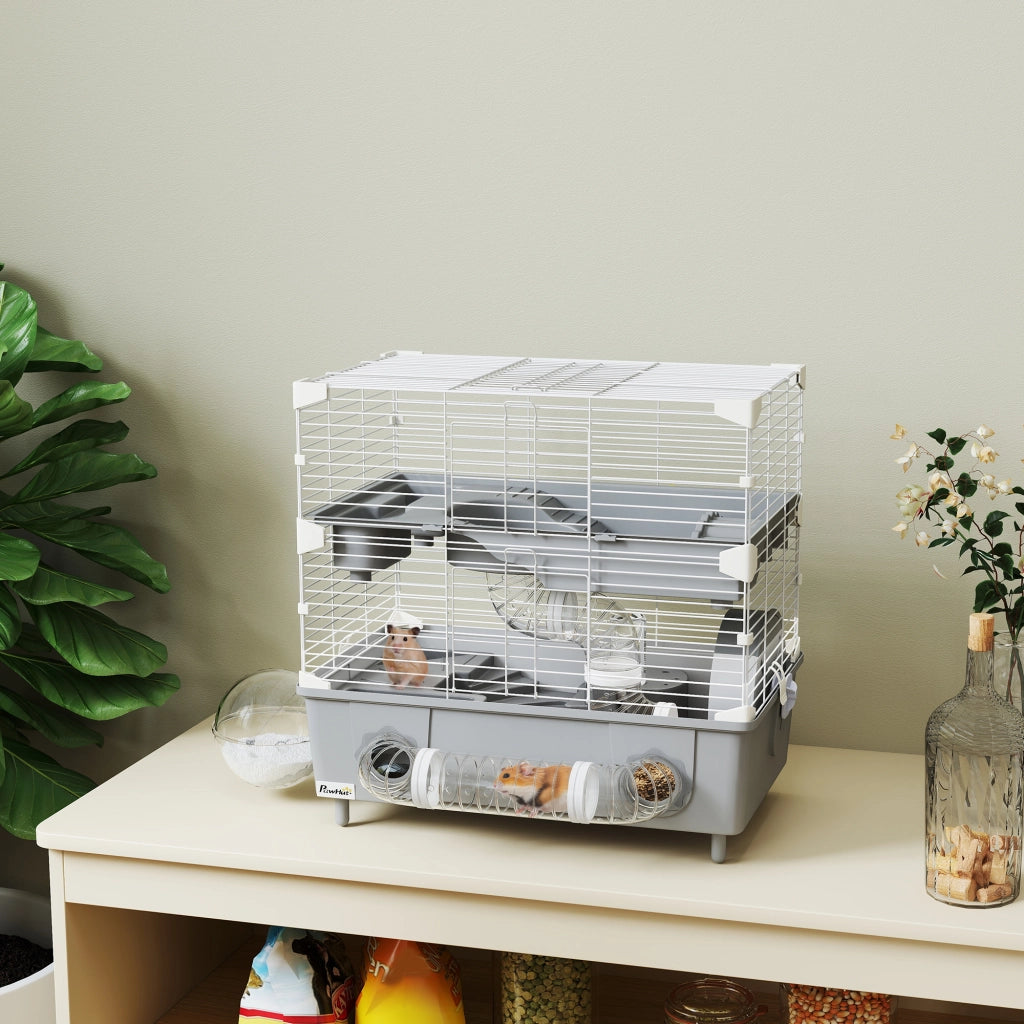 Gabbia per Criceti a 2 Livelli con Ruota ¨C Minimal ¨C Grigio e Bianco 44.5x28x44 cm
