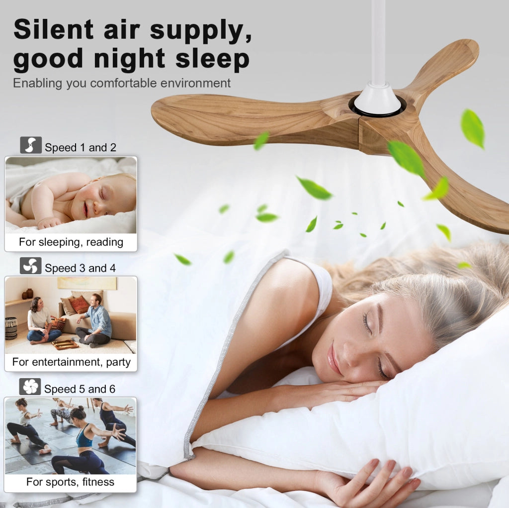 Ventilatore a soffitto da 42 pollici con pale in legno naturale, motore DC silenzioso, funzione memoria e telecomando, design a elica per interni ed esterni
