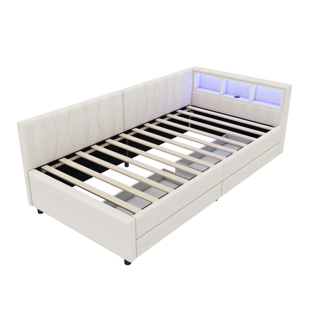Letto da giorno 90x200 cm con 2 cassetti, LED e USB-C in lino e MDF beige