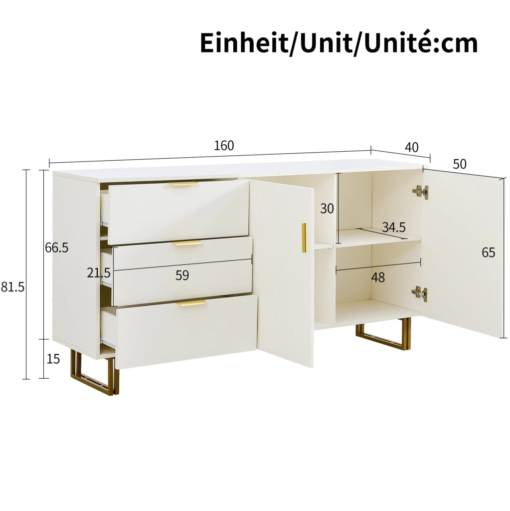 Credenza ULEVR 160x40x81,5 cm con 2 ante e 3 cassetti, mobile contenitore in MDF bianco con gambe in acciaio