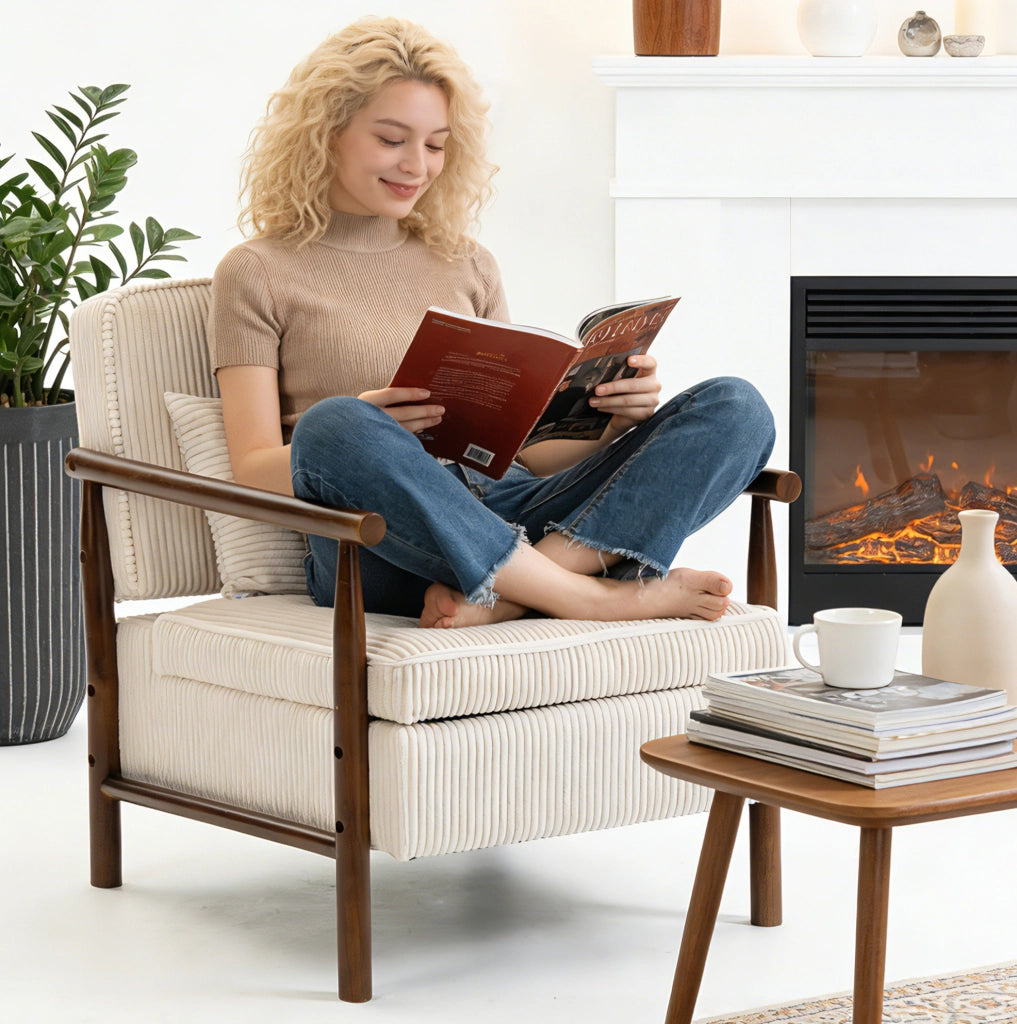Poltrona relax ULEVR in velluto bianco con vano contenitore, cuscino lombare e struttura in legno