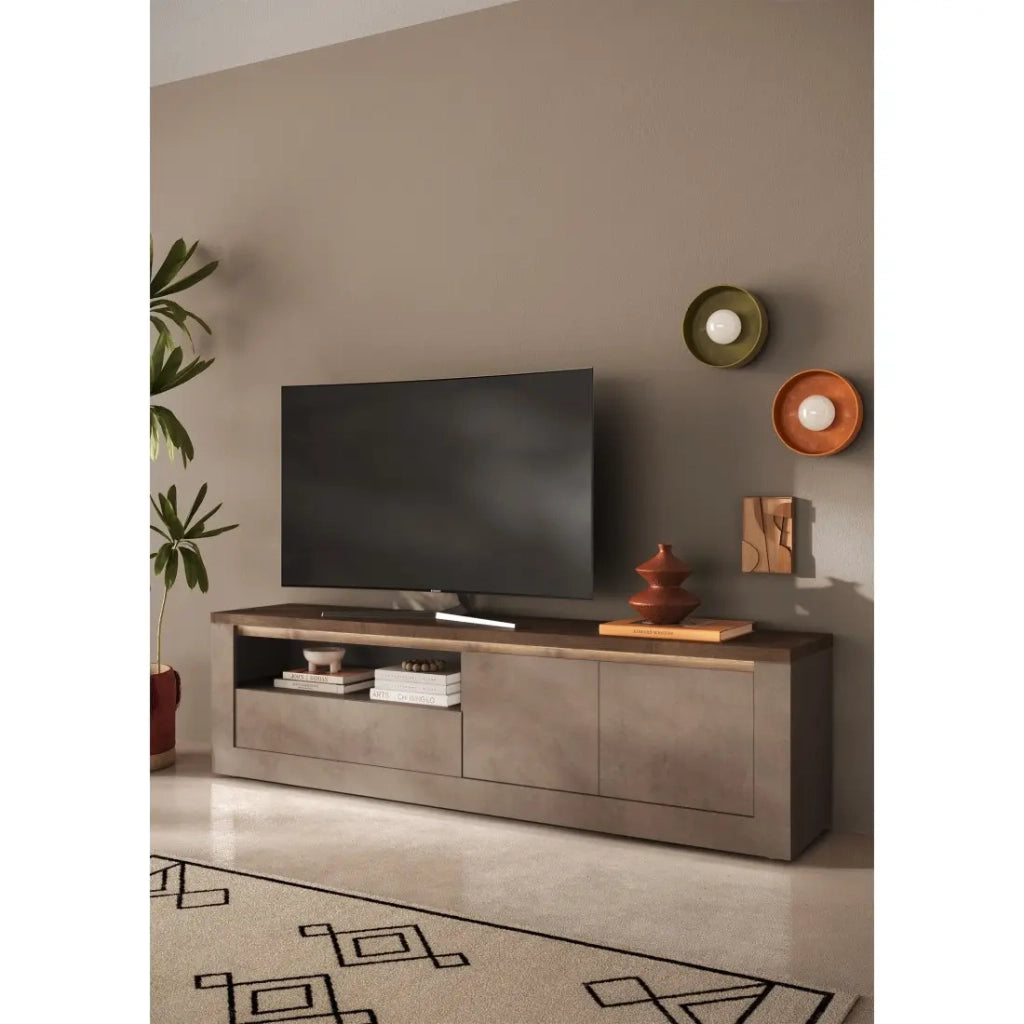 Mobile TV SASHA – 2 porte, 1 cassetto e 1 vano con LED – Bronzo e piano in legno Mercurio