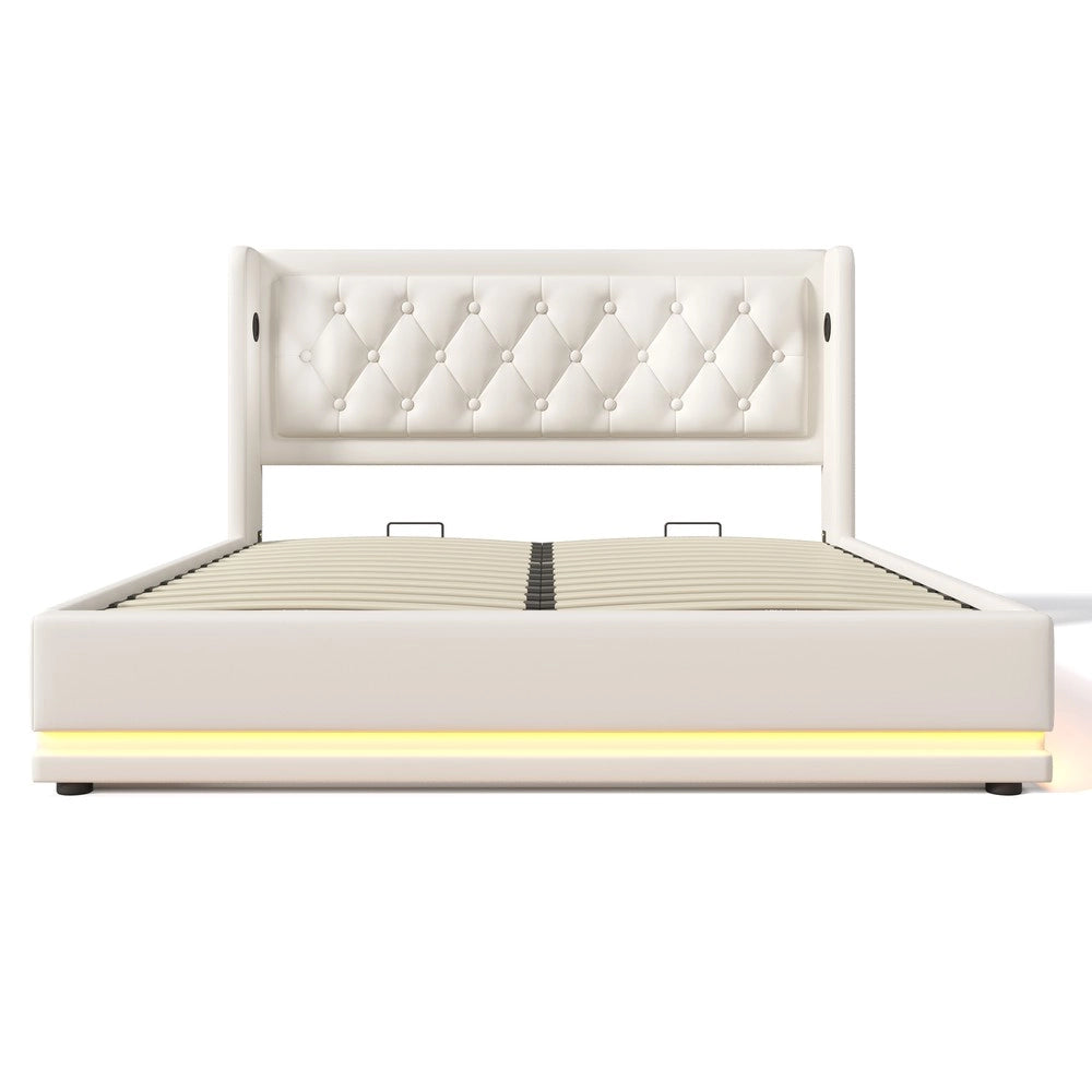 Letto Contenitore Imbottito Matrimoniale LED con USB ¨C MINIMAL ¨C Bianco, 140x200, Idraulico