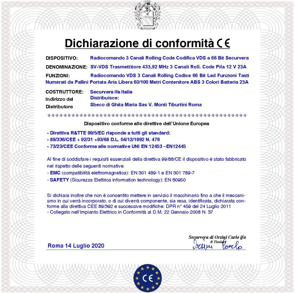 Telecomando Radiocomando 3 Canali Frequenza 433,92 MHz Potenza 1 mW Portata Libera 60/100 MT Codice Sicurezza VDS Rolling Code 66 Bit Batteria 12 V 23A Contenitore ABS Tre Colori Tasti Numerati