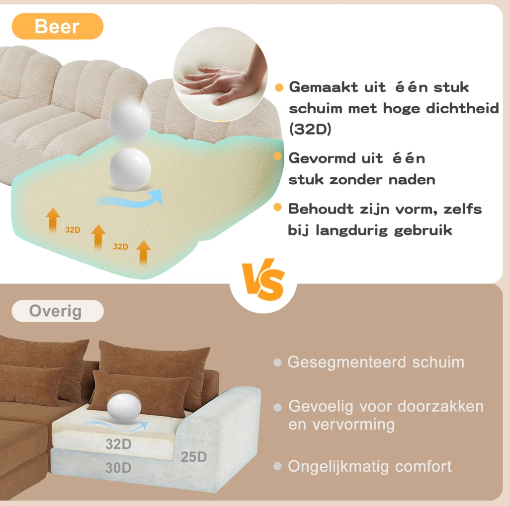 Divano modulare 4 posti a forma di conchiglia con schiuma ad alta densità 32D e tessuto beige bianco, ideale per soggiorno