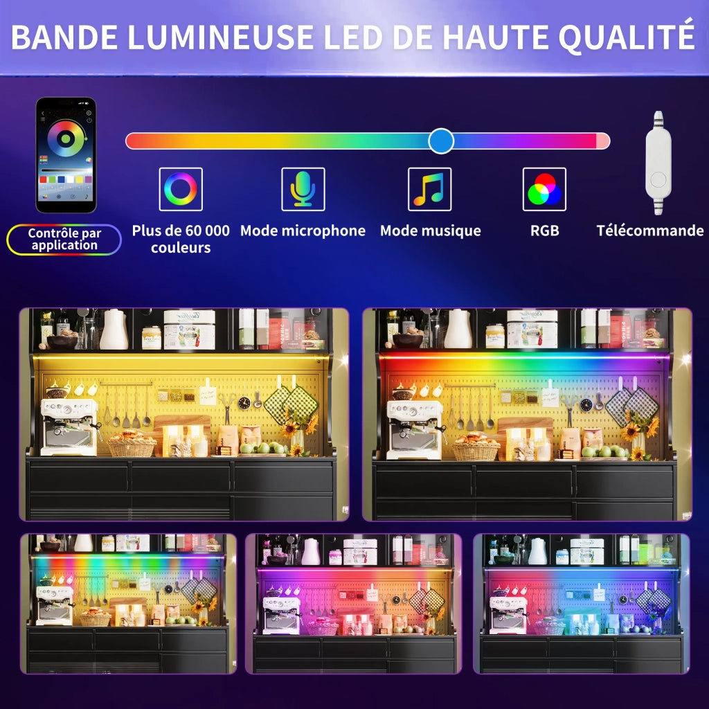Mobile alto moderno nero 145x39x171 cm con illuminazione LED e controllo app, 1 cassetto, ripiano portaoggetti e pannello forato, per cucina o sala da pranzo