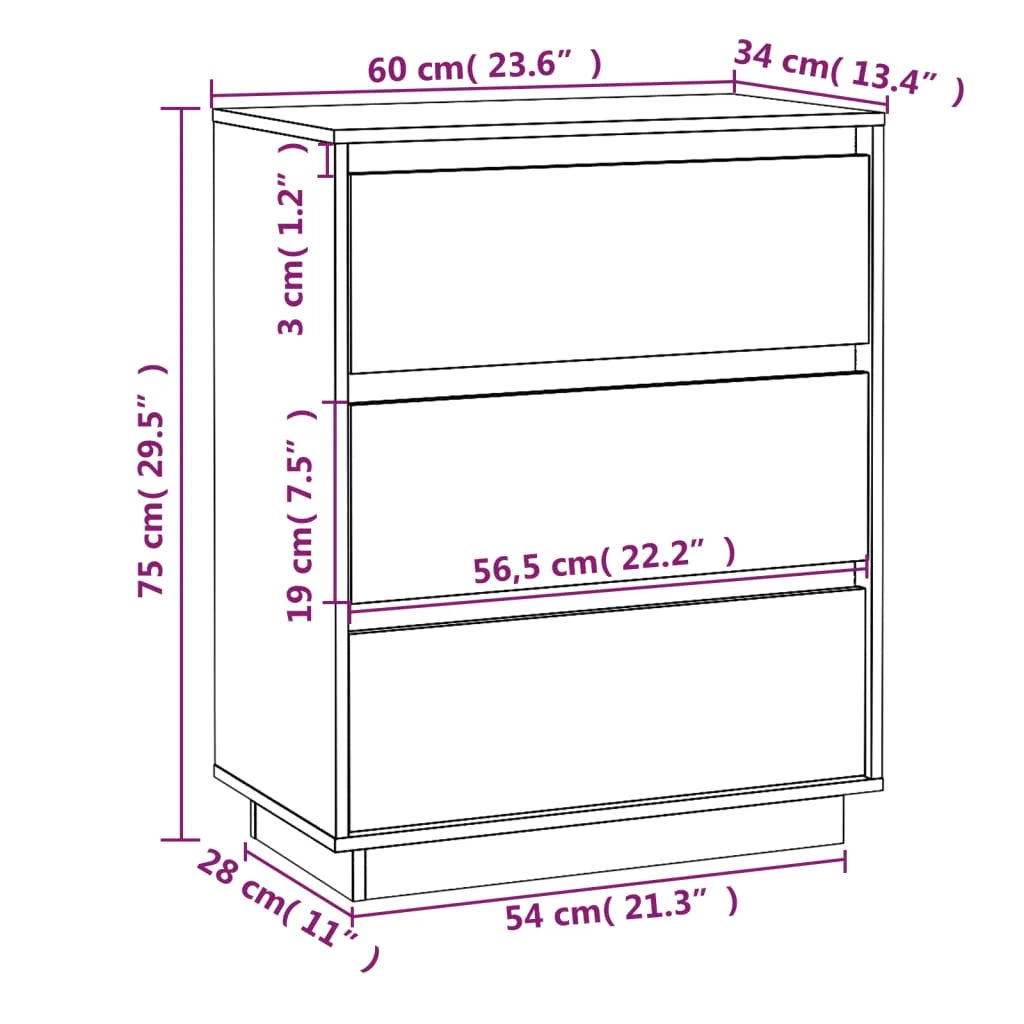 Buffet credenza cassettiera armadio mobile contenitore organizer per cucina soggiorno salotto 60 x 34 x 75 cm legno massello di pino bianco 02_0030349